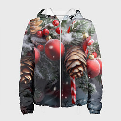 Куртка с капюшоном женская Новогодние украшения на ветках, цвет: 3D-белый