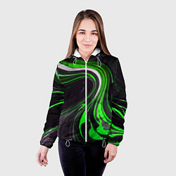 Куртка с капюшоном женская Волнистые бело-зелёные линии на чёрном фоне, цвет: 3D-белый — фото 2