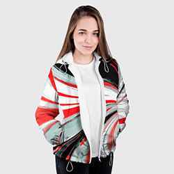 Куртка с капюшоном женская Волнистые бело-красные линии на чёрном фоне, цвет: 3D-белый — фото 2