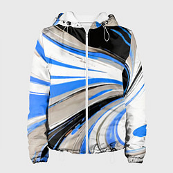 Куртка с капюшоном женская Волнистые бело-синие линии на чёрном фоне, цвет: 3D-белый