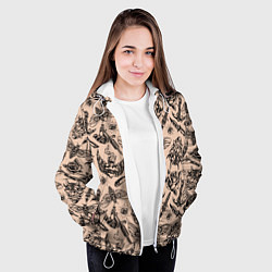 Куртка с капюшоном женская Татуировка с цикадой и демоном Они - паттерн, цвет: 3D-белый — фото 2