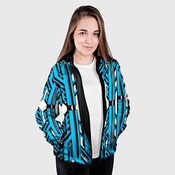 Куртка с капюшоном женская Чёрно-синие техно полосы на белом фоне, цвет: 3D-черный — фото 2