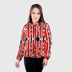 Куртка с капюшоном женская Бело-красные техно полосы на чёрном фоне, цвет: 3D-черный — фото 2