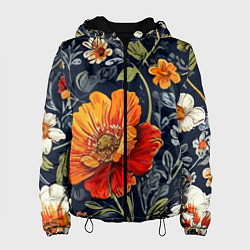 Куртка с капюшоном женская Маки и пионы старинный паттерн, цвет: 3D-черный