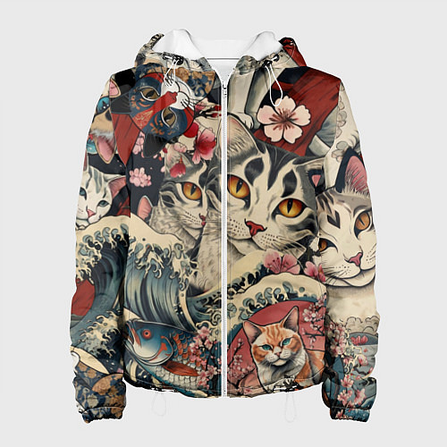 Женская куртка Котики и рыбки в сакуре / 3D-Белый – фото 1