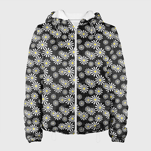 Женская куртка Белые цветы ромашки на черном в мелкий горошек / 3D-Белый – фото 1