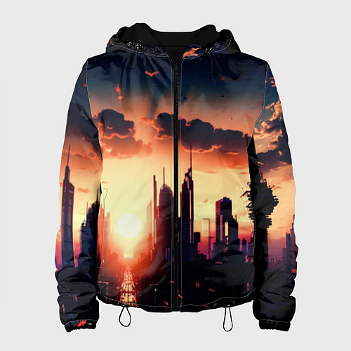 Женская куртка Пейзаж город будущего закат / 3D-Черный – фото 1