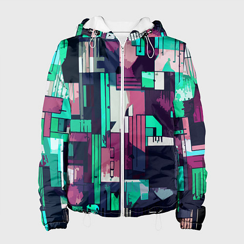 Женская куртка Абстракция бирюзовый с розовым геометричный / 3D-Белый – фото 1