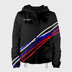 Куртка с капюшоном женская Россия полосы бело-сине-красные на чёрном, цвет: 3D-черный