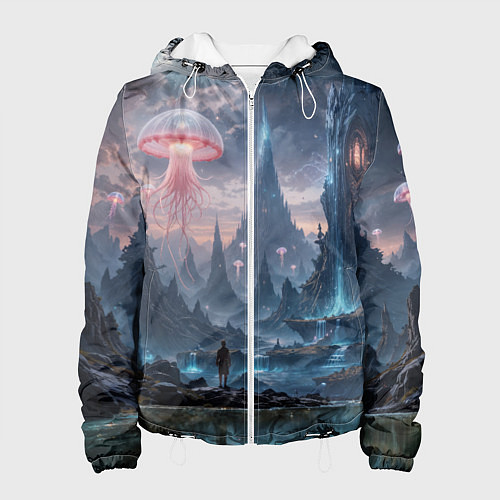 Женская куртка Фантастический мир с медузами и озеро у гор / 3D-Белый – фото 1