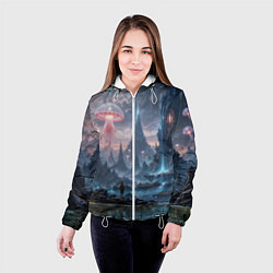 Куртка с капюшоном женская Фантастический мир с медузами и озеро у гор, цвет: 3D-белый — фото 2