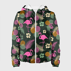 Женская куртка Фламинго и листья на темно-зеленом