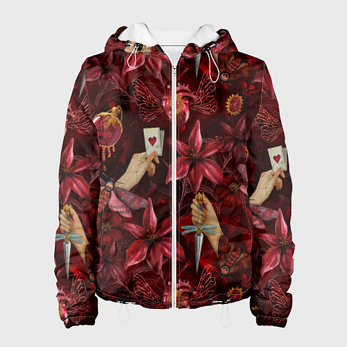 Женская куртка Бордовая готика с сердцем, лилиями и мотыльками / 3D-Белый – фото 1