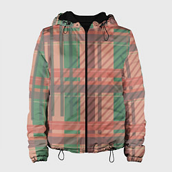 Куртка с капюшоном женская Бледная красно-зелёная клетка и полосы, цвет: 3D-черный
