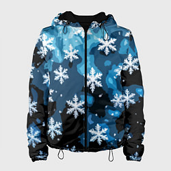 Куртка с капюшоном женская Стилизованный паттерн со снежинками тёмно-синий, цвет: 3D-черный