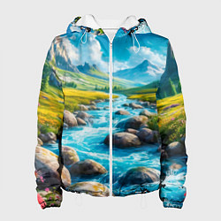 Куртка с капюшоном женская Пейзаж художественный горы речка камни, цвет: 3D-белый
