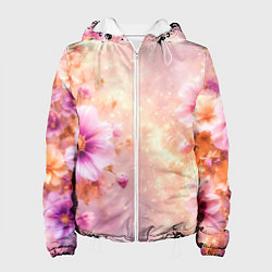 Куртка с капюшоном женская Нежный розовый цветочный с золотистым свечением, цвет: 3D-белый