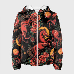 Куртка с капюшоном женская Красная лошадь с розами, цвет: 3D-белый