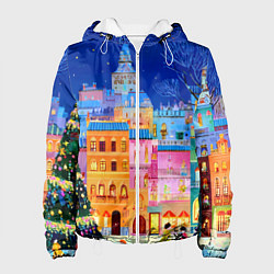 Куртка с капюшоном женская Разноцветные новогодние домики, цвет: 3D-белый