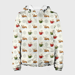 Куртка с капюшоном женская Зимний паттерн с оленем и чашками какао, цвет: 3D-белый