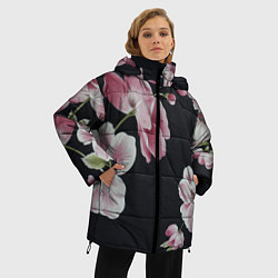 Куртка зимняя женская Цветы на черном фоне, цвет: 3D-светло-серый — фото 2