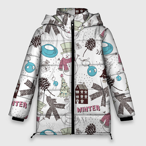 Женская зимняя куртка Снеговики Новый год 2017 / 3D-Черный – фото 1