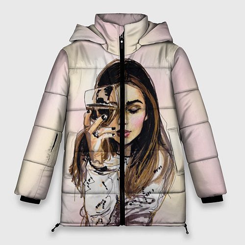 Женская зимняя куртка Девушка с бокалом вина / 3D-Черный – фото 1