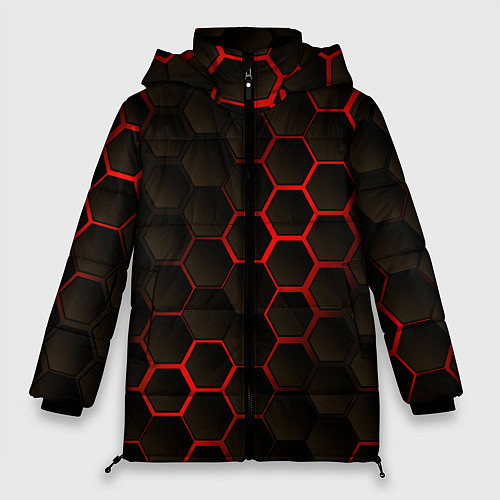 Женская зимняя куртка Соты объемные с красным свечением / 3D-Черный – фото 1