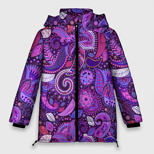 Женская зимняя куртка Фиолетовый этнический дудлинг / 3D-Черный – фото 1