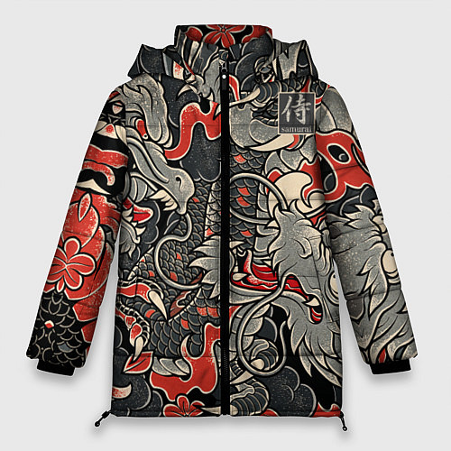 Женская зимняя куртка Самурай Якудза, драконы / 3D-Черный – фото 1
