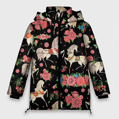 Женская зимняя куртка Лошади и цветы / 3D-Черный – фото 1