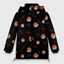 Куртка зимняя женская Halloween 2021 , тыква в маске и коронавирус на че, цвет: 3D-черный