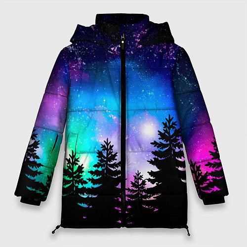 Женская зимняя куртка Космический лес, елки и звезды / 3D-Черный – фото 1