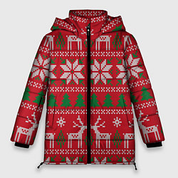 Куртка зимняя женская Вязаный принт с оленями, цвет: 3D-красный