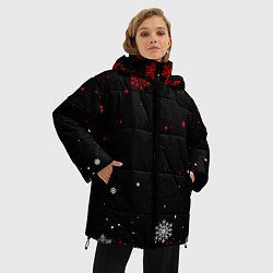 Куртка зимняя женская КРАСНО БЕЛЫЕ СНЕЖИНКИ НА ЧЁРНОМ ФОНЕ, цвет: 3D-красный — фото 2