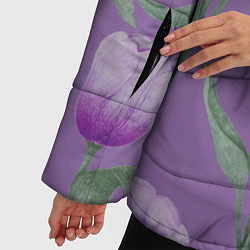 Куртка зимняя женская Фиолетовые тюльпаны с зелеными листьями, цвет: 3D-черный — фото 2