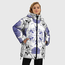Куртка зимняя женская Острый белые снежинки на сиреневом фоне, цвет: 3D-черный — фото 2