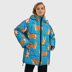 Куртка зимняя женская Счастливые корги паттерн, цвет: 3D-красный — фото 2