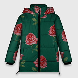 Женская зимняя куртка Ярко красные розы на темно-зеленом фоне