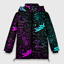 Куртка зимняя женская League Of Legends - Arcane неон логотипы, цвет: 3D-черный