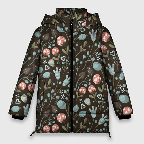 Женская зимняя куртка Цветы и ягоды паттерн / 3D-Черный – фото 1
