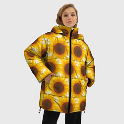 Куртка зимняя женская Желтые подсолнухи паттерн, цвет: 3D-красный — фото 2