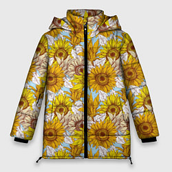 Куртка зимняя женская Желтые подсолнухи - паттерн, цвет: 3D-красный