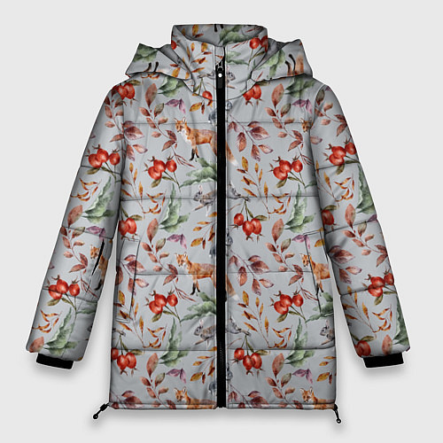 Женская зимняя куртка Лисы и лесные ягоды / 3D-Черный – фото 1