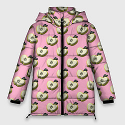 Куртка зимняя женская Яблочные дольки на розовом фоне с эффектом 3D, цвет: 3D-черный