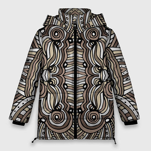Женская зимняя куртка Калейдоскоп Абстракция в стиле дудл Коричневый, бе / 3D-Черный – фото 1
