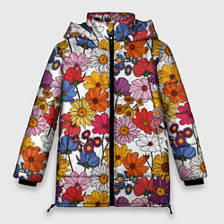 Куртка зимняя женская Полевые Цветы на белом фоне, цвет: 3D-светло-серый