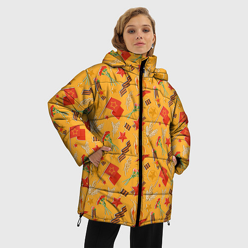 Женская зимняя куртка Георгиевская ленточка, Вечный огонь, цветок, медал / 3D-Светло-серый – фото 3