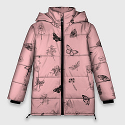 Женская зимняя куртка Цветочки и бабочки на розовом фоне