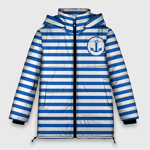 Женская зимняя куртка Морская тельняшка - бело-синие полосы и якорь / 3D-Черный – фото 1